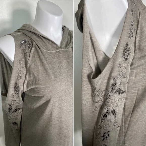 Knox Rose Floral embroidered Cut Out Cold Shoulder Hooded Sweatshirt Taupe XXL - Picture 4 of 9